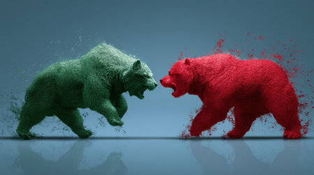 This stunning artwork features two bears in vibrant green and red colors, encapsulating a fierce clash with dynamic powder splashes for dramatic effect.の素材