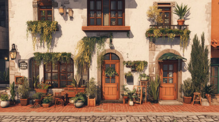 A captivating rustic building adorned with lush plants and cozy outdoor spaces, showcasing inviting charm and tranquility in an urban environment.の素材