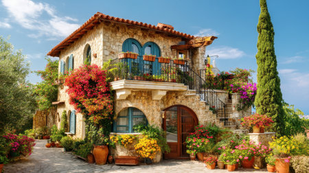 A picturesque stone house adorned with blooming flowers and lush greenery, creating a serene residential setting under a bright blue sky.の素材