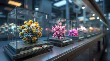 Vivid molecular models showcased in glass cases at a science exhibition, emphasizing innovation in research and education. These artistic displays invite exploration and engagement.の素材