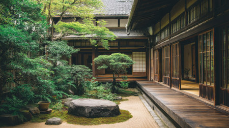 This image captures a tranquil Japanese garden featuring lyrical wooden architecture, lush greenery, and peaceful pathways, inviting relaxation.の素材