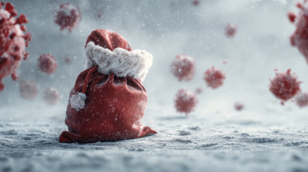 A festive Santa sack sits amidst floating virus particles, creating a striking contrast of holiday cheer and health awareness in a winter landscape.の素材