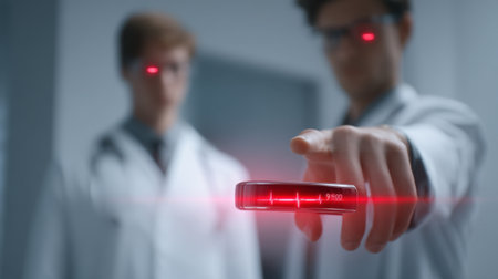 Two medical professionals focus on an advanced monitoring device displaying a heart rate reading in a high-tech clinical environment.の素材