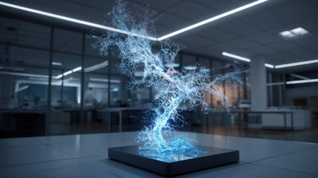 A captivating digital artwork showcasing a representation of energy flow in a high-tech laboratory, featuring bright blue light effects and intricate electric patterns.の素材