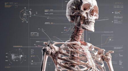 A detailed and realistic 3D model of a human skeleton showcasing the skeletal and vascular systems, designed for educational use.の素材