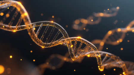 This stunning image features a glowing DNA helix structure set against an abstract background filled with bright particles and ethereal light effects.の素材