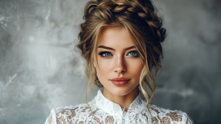 A captivating portrait of a young woman with stunning blue eyes and intricately styled blond hair, dressed in a delicate lace outfit.の素材