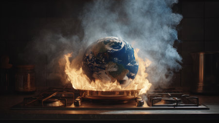 This striking image captures a globe engulfed in flames on a stove, symbolizing the urgent climate crisis and its impact on our planet.の素材