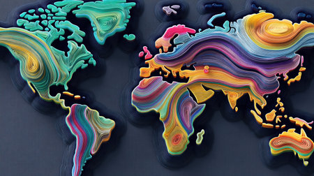 This artistic representation of a world map showcases vibrant, colorful lines to depict continents. The smooth patterns create a unique visual effect ideal for various design needs.の素材