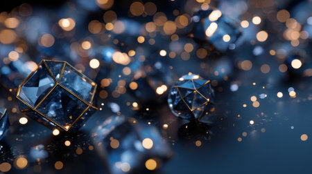 A stunning arrangement of crystal geometric shapes enhances any space with elegance, showcasing captivating sparkle and vibrant bokeh on a dark background.の素材
