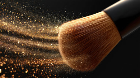 A stunning close-up of a makeup brush releasing shimmering golden dust, creating a luxurious and artistic look against a dark background.の素材