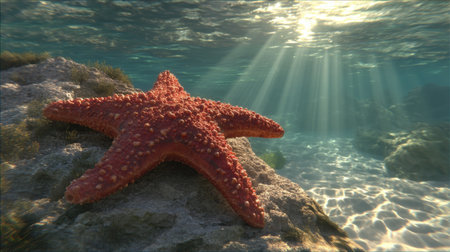 A stunning underwater view showcasing a starfish resting on a rock, illuminated by beams of sunlight filtering through clear ocean water.の素材