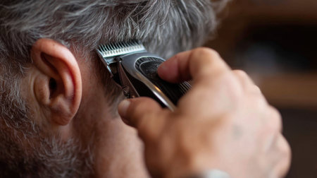 A close-up view of a hair clipper trimming gray hair on a man's head in a stylish barbershop, showcasing the art of grooming and men's hairstyle.の素材