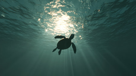 A serene view of a graceful sea turtle swimming beneath the sunlit water surface, creating a peaceful underwater atmosphere that highlights marine beauty.の素材