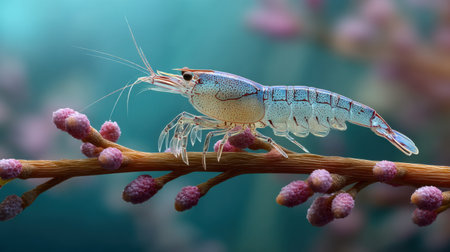A stunning close-up showcasing a vibrant shrimp gracefully perched on a coral branch, highlighting the intricate details and colors of marine life in an underwater environment.の素材