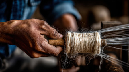 A close-up view of skilled hands holding a spool of natural fiber thread in a workshop, showcasing the intricate art of textile creation.の素材