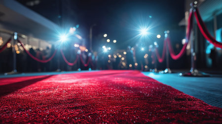 A stunning view of a red carpet event captured at night, highlighting the elegant velvet textures, bright spotlights, and vibrant atmosphere.の素材
