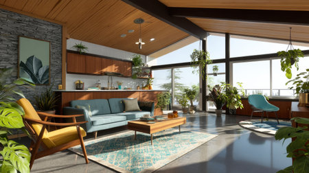 A beautifully designed modern living room featuring spacious interiors filled with natural light, stylish furniture, and vibrant indoor plants creating a serene atmosphere.の素材