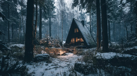 Experience the serene beauty of a cozy A-frame cabin nestled in a snowy forest, illuminated warmly from within, evoking a peaceful retreat.の素材