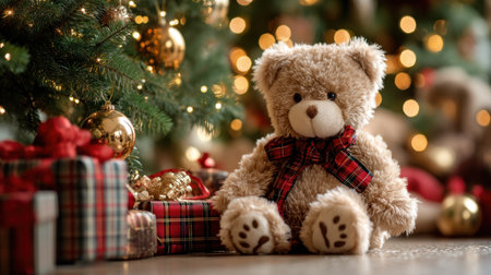 A charming teddy bear with a bowtie is positioned near a beautifully decorated Christmas tree, surrounded by colorful gifts and soft, warm lights.の素材