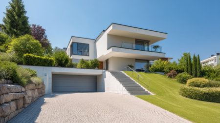 This image showcases a modern house featuring sleek architectural lines, surrounded by lush greenery and a beautifully maintained landscape.の素材