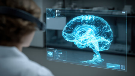 A scientist interacts with a holographic display showcasing a digital representation of the human brain in a laboratory setting.の素材