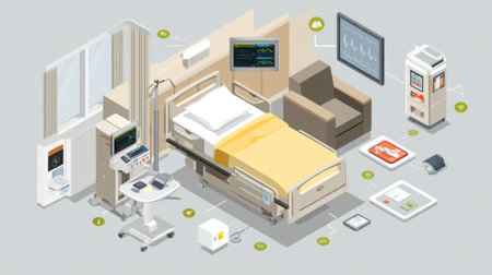An isometric illustration of a modern hospital room featuring a bed, medical equipment, monitors, and supportive furniture for patient care.の素材