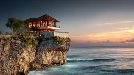 A breathtaking clifftop villa offers stunning views of the ocean during sunset. The vibrant sky complements the tranquil scene, perfect for relaxation.の素材
