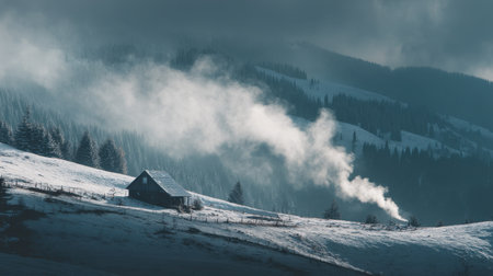 A serene scene of a cozy cabin nestled in snowy hills, with smoke gently rising into the cool air, surrounded by majestic mountains and clouds.の素材