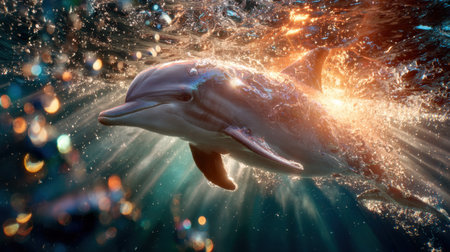 A stunning dolphin captured in mid-swim, showcasing its sleek body and playful spirit against a backdrop of glimmering water and radiant light rays.の素材