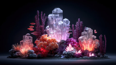 A stunning representation of a fantasy underwater landscape featuring glowing crystals, vibrant coral formations, and colorful fish, creating a mesmerizing atmosphere.の素材