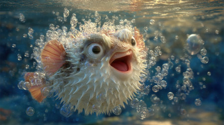A joyful puffer fish captures attention under the sea, surrounded by bubbles and glimmering water. This vibrant scene showcases marine beauty.の素材