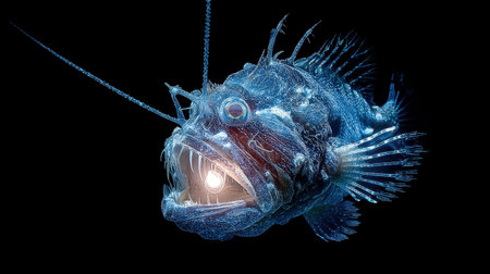 This captivating image showcases a deep-sea fish featuring stunning bioluminescence, highlighting its unique adaptations and eerie beauty in the dark ocean.の素材