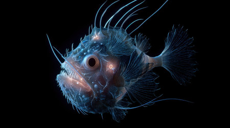 Discover an enchanting illustration of a luminous fish showcasing intricate fin details against a dark backdrop, perfect for nature and science themes.の素材