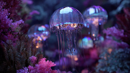 Discover an enchanting scene showcasing jellyfish gracefully drifting among colorful coral in a tranquil underwater world, illuminated by soft light.の素材