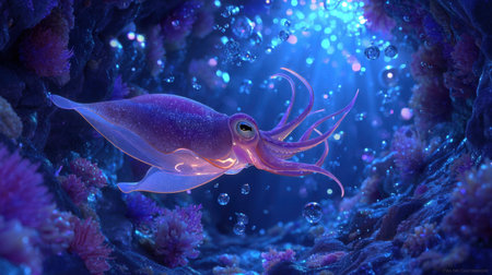 Explore an enchanting underwater scene featuring a luminous squid swimming gracefully through a vibrant coral reef, surrounded by bubbles and magical lighting effects.の素材