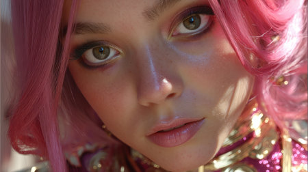 This stunning close-up portrait captures a young woman with vibrant pink hair and striking makeup, showcasing her unique style and confident expression.の素材