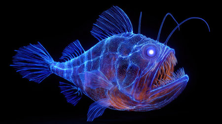 This stunning digital artwork features a luminescent fish with vibrant neon colors and intricate patterns. Set against a dark background, the piece evokes a sense of mystery and beauty, capturing the imagination of ocean enthusiasts.の素材