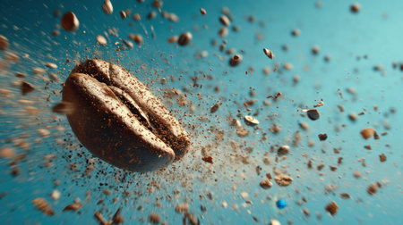 A mesmerizing close-up image of a coffee bean bursting into ground particles, set against a bright blue background, capturing the essence of flavor.の素材