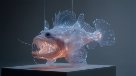 This stunning model of an anglerfish showcases intricate details and an ethereal glow, creating a mesmerizing visual experience and highlighting marine beauty.の素材