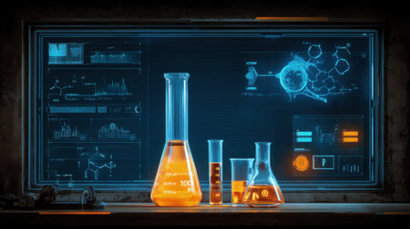 A vibrant scientific laboratory featuring glassware with colorful liquids, and digital screens showcasing chemistry data and analytical graphs.の素材