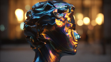 This striking abstract sculpture features a colorful female profile that captivates with its vibrant reflections and modern design in an urban setting.の素材