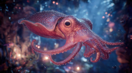 A stunning and colorful squid gracefully swims through a mesmerizing underwater environment filled with luminous lights and vibrant corals.の素材