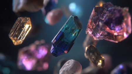 This captivating image features a collection of vibrant crystals floating in space, enhanced by shimmering light and soft bokeh effects, creating an abstract and enchanting atmosphere.の素材