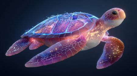 A vibrant sea turtle gracefully swims in the deep ocean with a stunning display of bright colors and illuminating effects, creating a fantasy scene.の素材