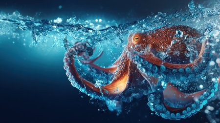 A stunning octopus displays its grace and beauty while swimming in deep blue waters, surrounded by splashes that bring life to the scene.の素材
