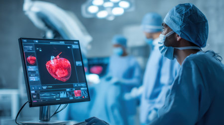 A dynamic scene showing medical professionals in surgical attire studying a 3D heart model on a computer screen in an advanced operating room, highlighting modern healthcare practices.の素材