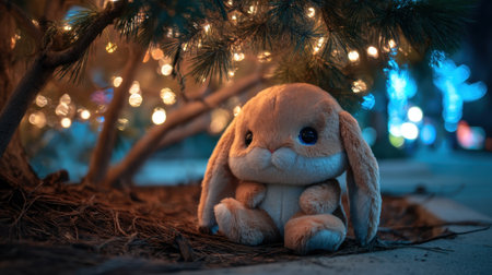 A charming plush bunny sits under a pine tree, surrounded by brilliant holiday lights, creating a magical and cozy outdoor scene.の素材