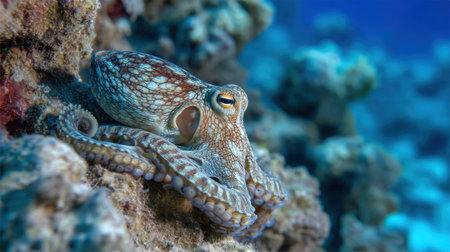 This stunning close-up image captures an octopus resting on a coral reef, highlighting its intricate textures and vibrant colors. The underwater scene reveals the beauty of marine life and the delicate balance of the ocean ecosystem.の素材