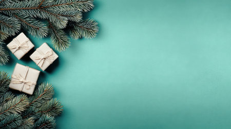 A beautiful arrangement of tiny Christmas gifts and fresh pine branches on a festive green background, perfect for holiday decoration ideas.の素材